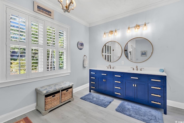 bathroom featuring wood-type flooring, vanity, a textured ceiling, and ornamental molding