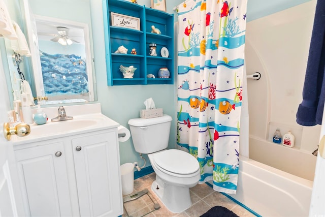 full bathroom with ceiling fan, tile patterned flooring, shower / bath combination with curtain, toilet, and vanity