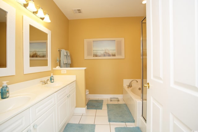 full bathroom with tile patterned flooring, vanity, toilet, and independent shower and bath