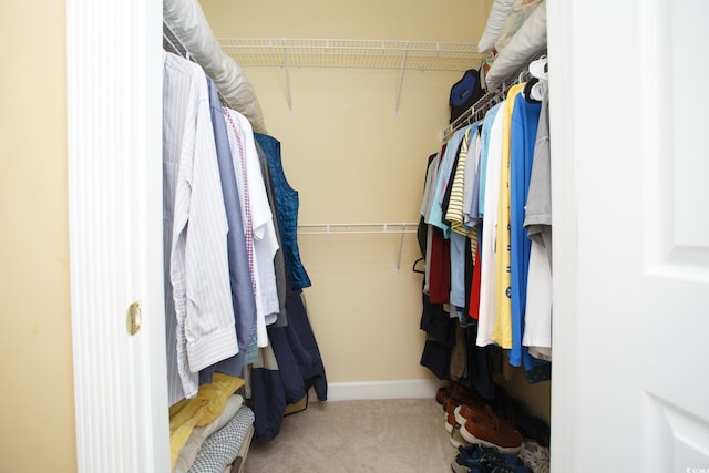 spacious closet featuring light colored carpet