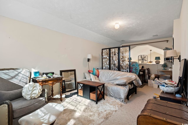 carpeted living room with lofted ceiling and a textured ceiling