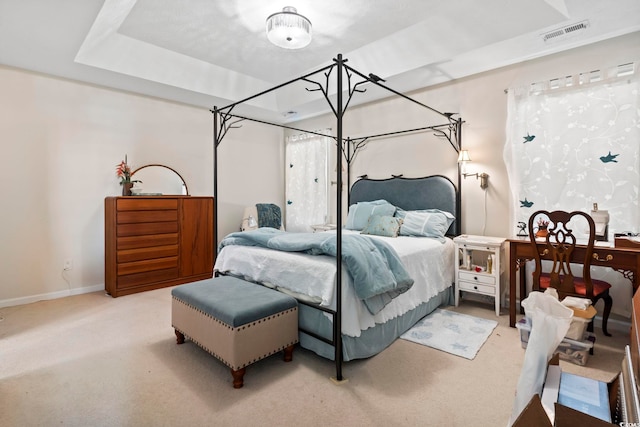 bedroom featuring a raised ceiling and carpet floors