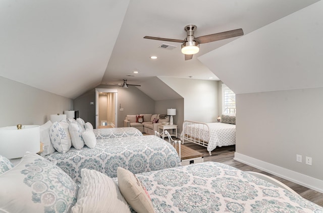 bedroom featuring lofted ceiling, ceiling fan, and dark hardwood / wood-style floors