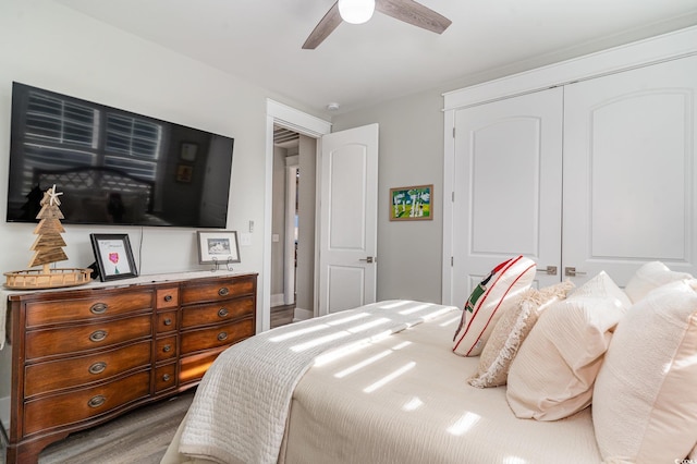 bedroom with hardwood / wood-style flooring, ceiling fan, and a closet