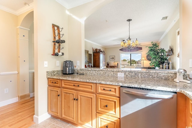 kitchen with visible vents, arched walkways, dishwasher, crown molding, and a chandelier