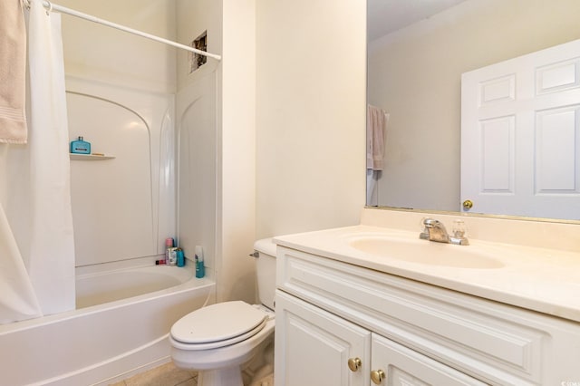 full bath featuring tile patterned flooring, shower / bath combination with curtain, toilet, and vanity