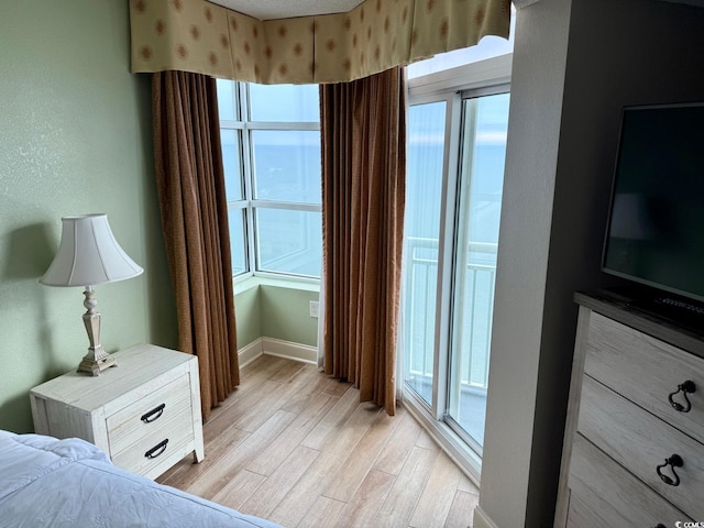 bedroom featuring light wood-type flooring, access to outside, and baseboards