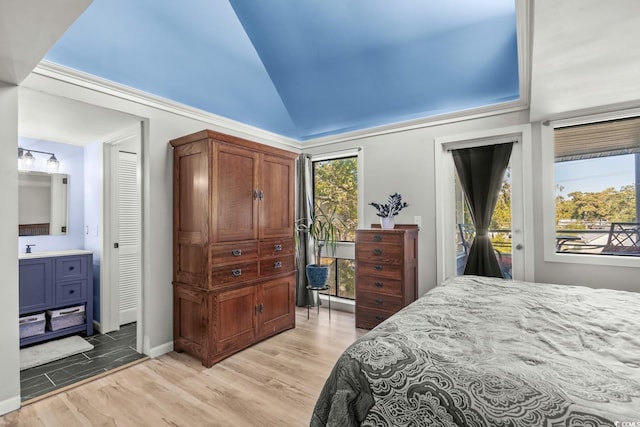 bedroom with ensuite bathroom, light hardwood / wood-style floors, and multiple windows