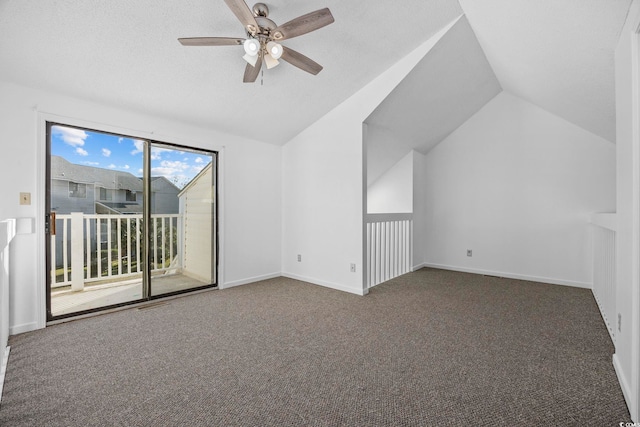 additional living space featuring carpet, a textured ceiling, ceiling fan, and lofted ceiling