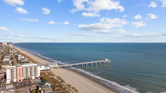 birds eye view of property featuring a view of the beach and a water view