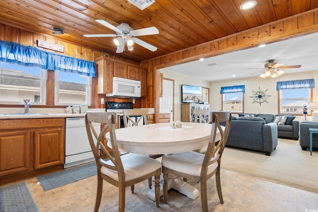 dining room with ceiling fan, sink, wood ceiling, and wood walls