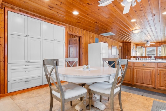 dining area with ceiling fan, wood ceiling, and wood walls