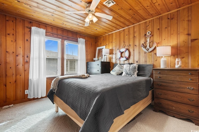 bedroom featuring ceiling fan, wood walls, and wood ceiling