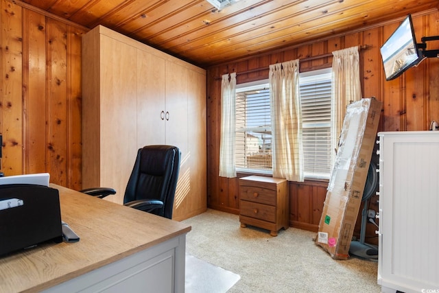 home office featuring wooden walls, light colored carpet, and wooden ceiling