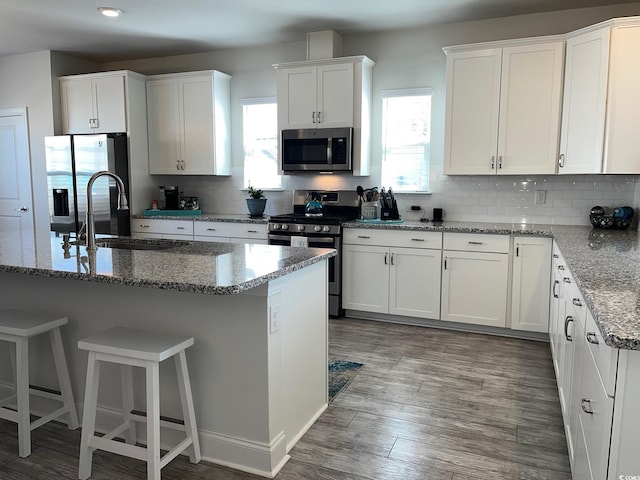 kitchen with stone counters, appliances with stainless steel finishes, white cabinets, a sink, and a healthy amount of sunlight