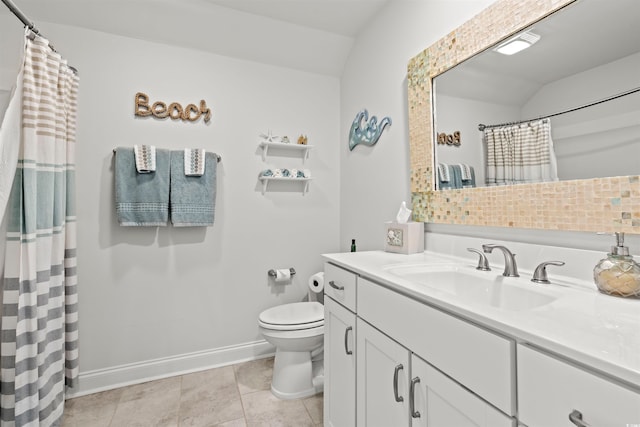 bathroom featuring vanity, baseboards, tile patterned floors, toilet, and a shower with shower curtain