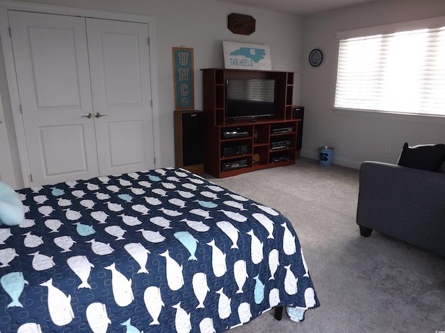 carpeted bedroom featuring a closet