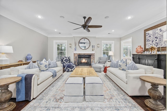 living room with ceiling fan, ornamental molding, a fireplace, and hardwood / wood-style floors