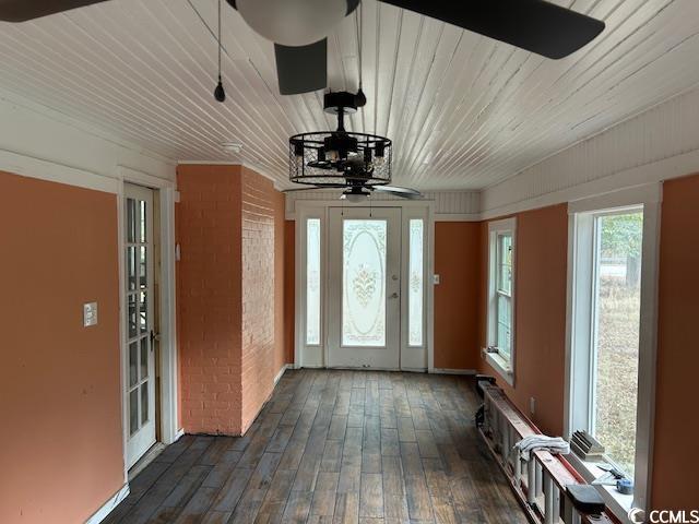 2708 Main St, Loris, SC 29569 - entrance foyer featuring dark wood finished floors, ceiling fan, and wood ceiling