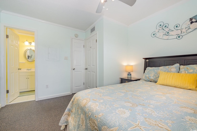 carpeted bedroom featuring ceiling fan, sink, connected bathroom, and ornamental molding