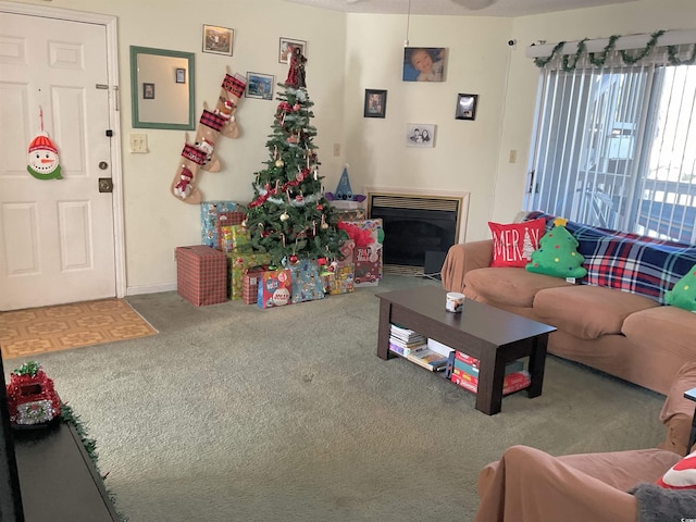 living area with carpet floors and a fireplace