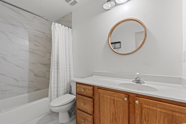 full bathroom featuring shower / bath combination with curtain, vanity, and toilet