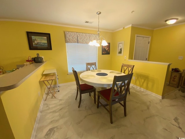 carpeted dining room with ornamental molding and a chandelier