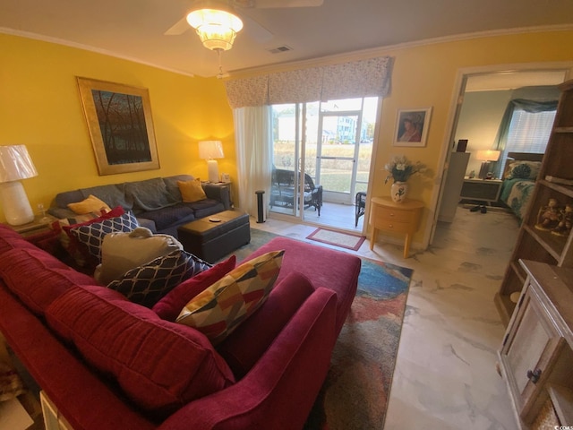 carpeted living room featuring ceiling fan and crown molding