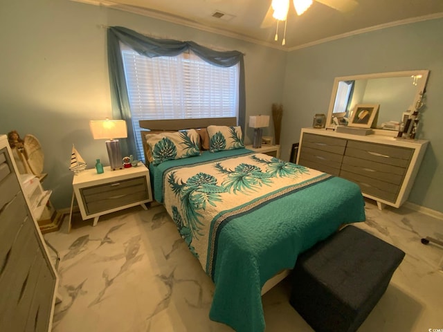 bedroom with ceiling fan and crown molding