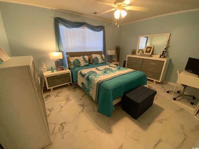 bedroom featuring ceiling fan and crown molding