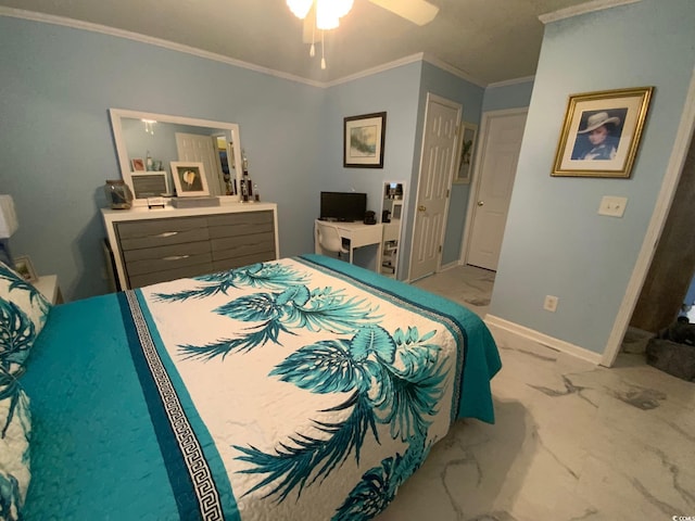 bedroom with light colored carpet, a closet, crown molding, and ceiling fan