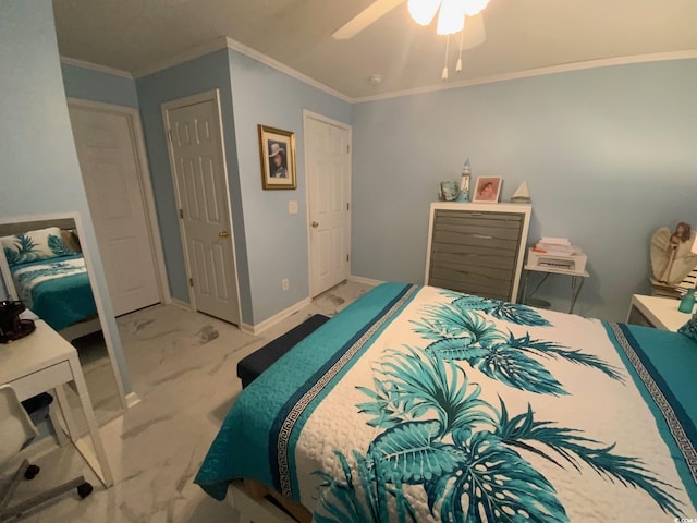 bedroom with light carpet, a closet, ceiling fan, and ornamental molding