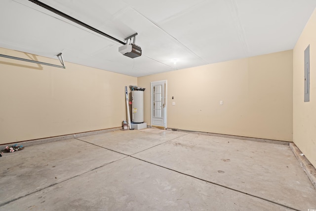 garage with electric panel, a garage door opener, and gas water heater