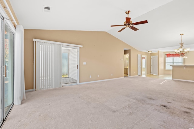 352 Mckendree Ln, Myrtle Beach, SC 29579 - unfurnished living room with a chandelier, lofted ceiling, light colored carpet, baseboards, and a ceiling fan