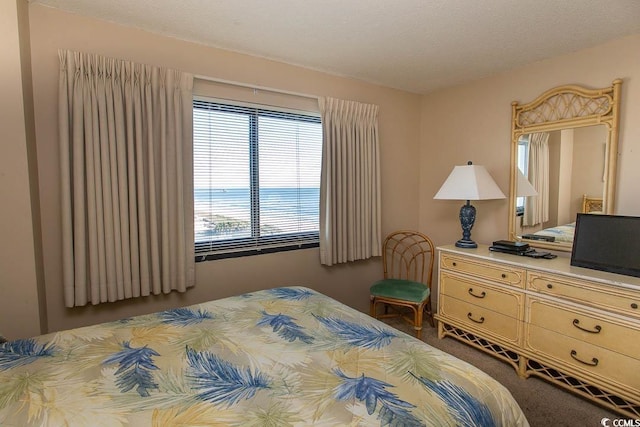 carpeted bedroom with a textured ceiling