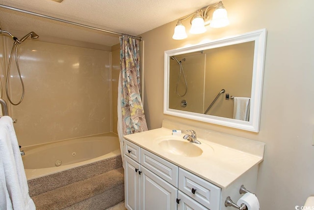 bathroom featuring vanity, shower / bath combination with curtain, and a textured ceiling