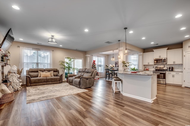 living room with light hardwood / wood-style flooring