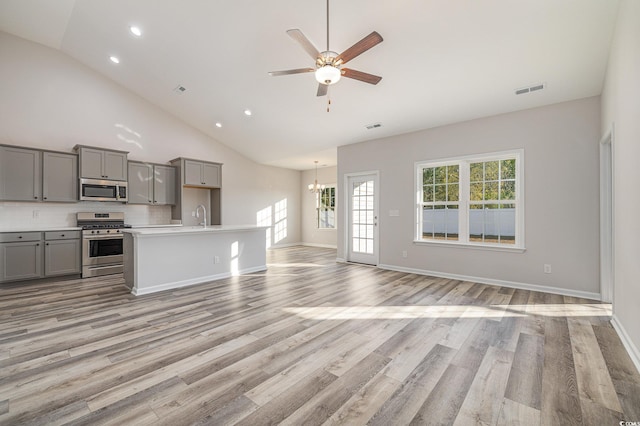 kitchen with ceiling fan with notable chandelier, light hardwood / wood-style flooring, gray cabinets, an island with sink, and appliances with stainless steel finishes