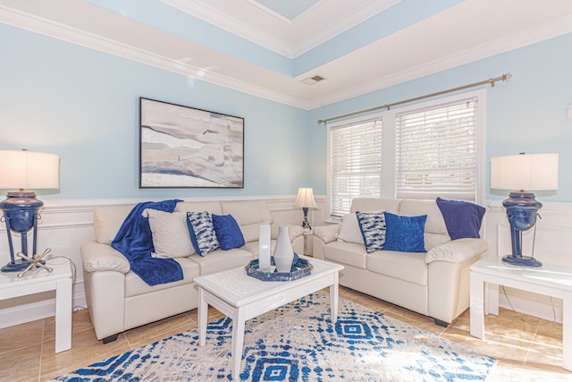 living room with crown molding and light tile patterned floors