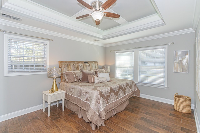 bedroom with ceiling fan, crown molding, and dark hardwood / wood-style floors