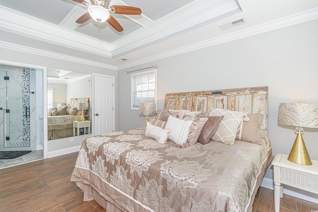 bedroom with ceiling fan, dark hardwood / wood-style flooring, coffered ceiling, and ornamental molding