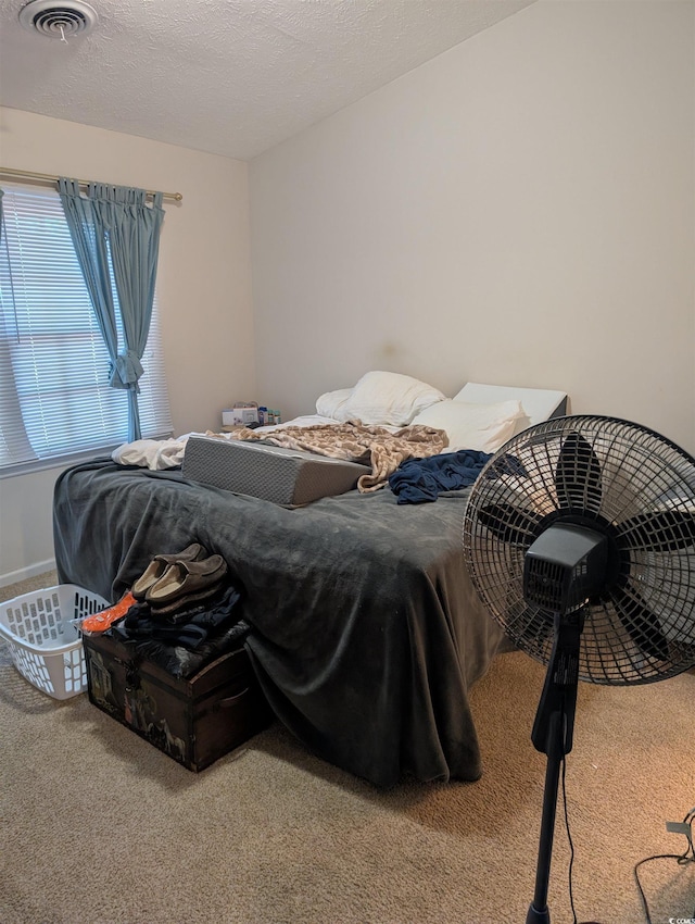 carpeted bedroom with a textured ceiling