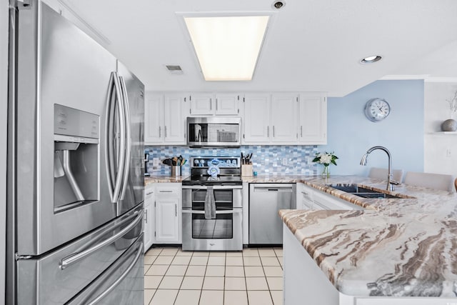 kitchen with white cabinetry, sink, stainless steel appliances, kitchen peninsula, and decorative backsplash