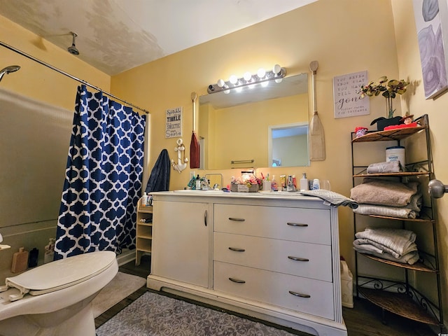 bathroom with a shower with curtain, vanity, wood-type flooring, and toilet