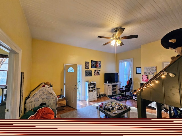 living room with hardwood / wood-style flooring and ceiling fan