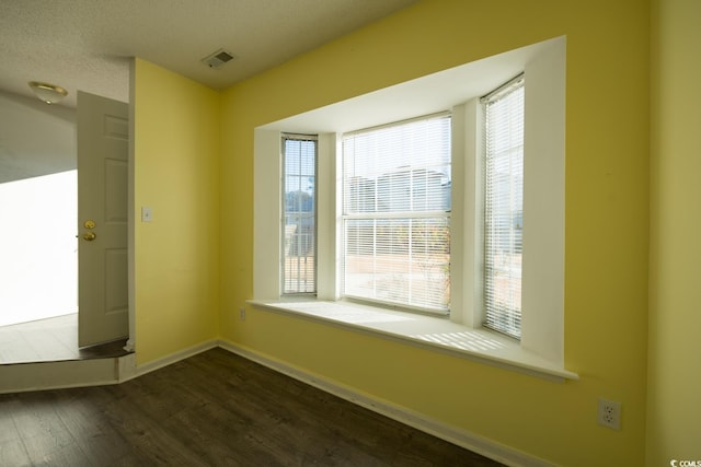 empty room with a textured ceiling, dark hardwood / wood-style flooring, and plenty of natural light