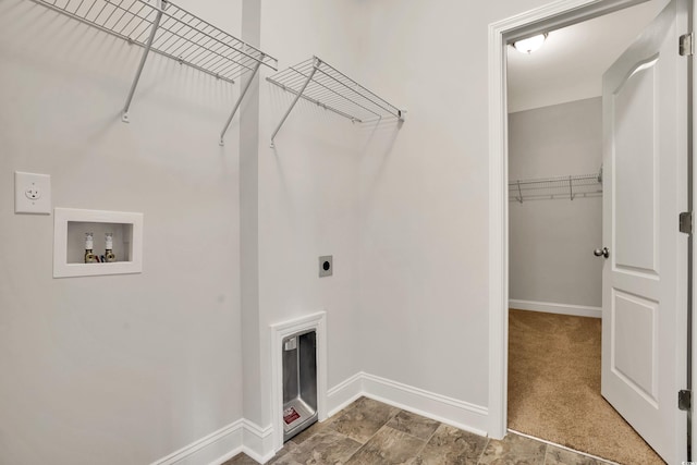 clothes washing area with hookup for a washing machine, carpet floors, and electric dryer hookup