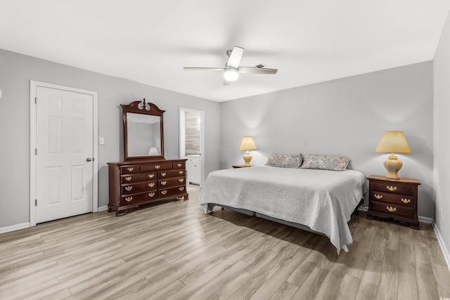 bedroom featuring ceiling fan and light hardwood / wood-style floors