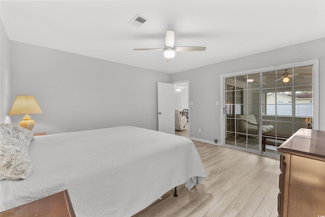 bedroom with ceiling fan, light wood-type flooring, and access to outside