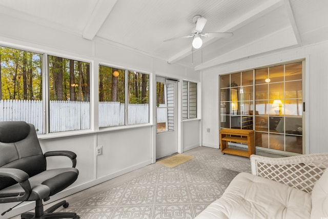 sunroom / solarium with vaulted ceiling with beams and ceiling fan